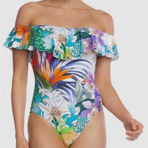 Trina Turk Amazonia floral white off the shoulder ruffled one piece swimsuit